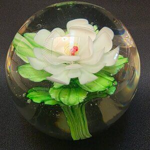 Large white Crimp Rose Glass Paperweight 4 in Tall